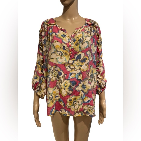 Zac & Rachel Watercolor Boho Blouse Sleeve Ruffle size L - Picture 1 of 4